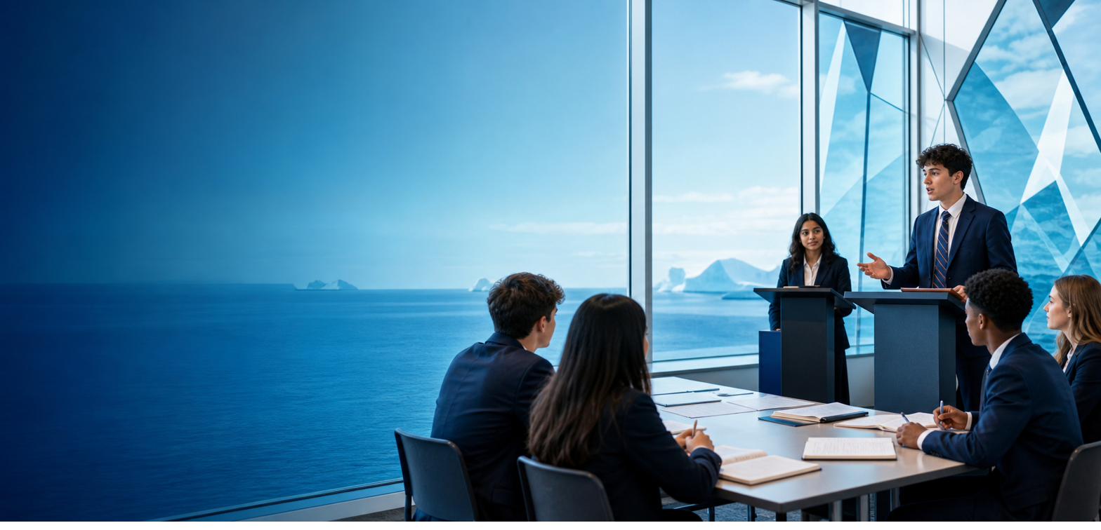 Students practicing debate in a bright ocean-view classroom
